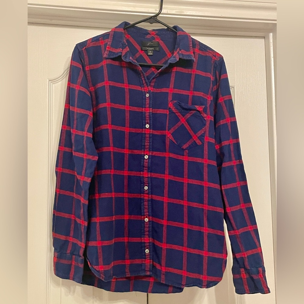 J.Crew Boy's L (14) Classic Flannel Plaid Button-Up Shirt Blue Red